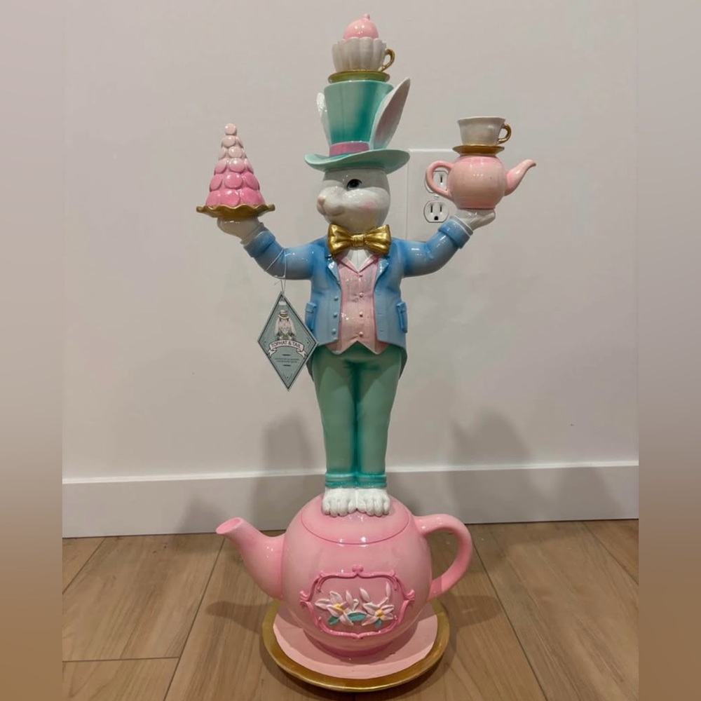 Whimsical Rabbit Teapot Holiday Decor - Pink and Blue (please read description)
